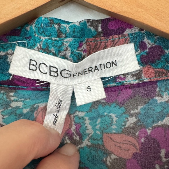 EUC BCBG Floral Dress Purple Green Pink Button down front Mini Size S Small - Picture 2 of 12